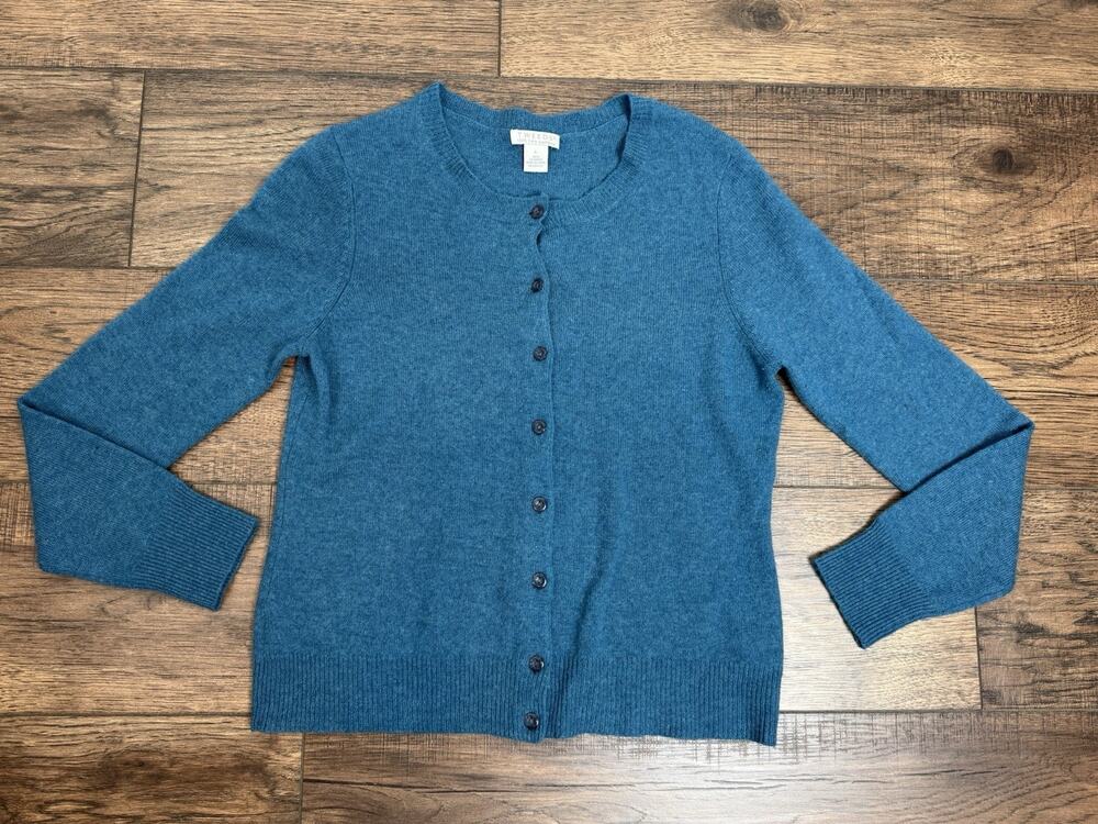 Tweeds 100% 2-ply Teal Cashmere Cardigan Sweater Aqua Blue Sz L Buttons